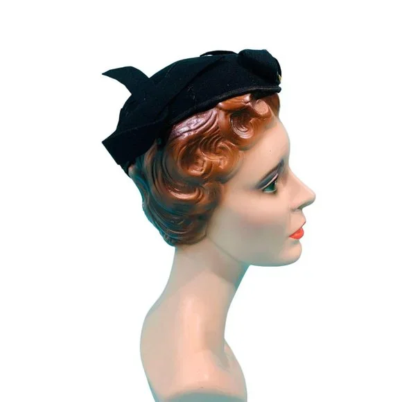 Vintage 1940s Wool Cap Black Unique Armand Schwab & Co Hat